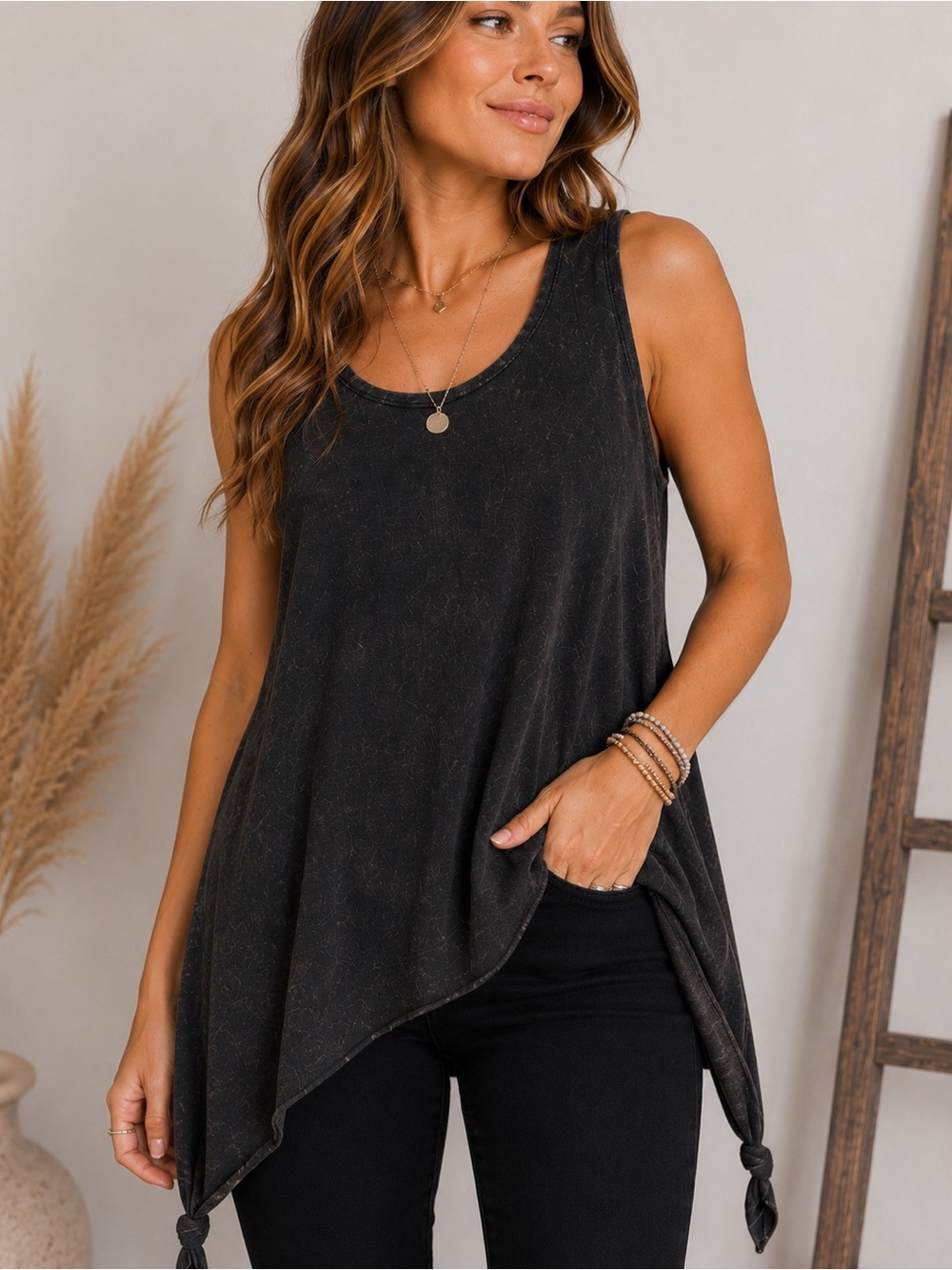 Gilded Intent Black Mineral Wash Handkerchief Hem Tank Tunic Top Size M